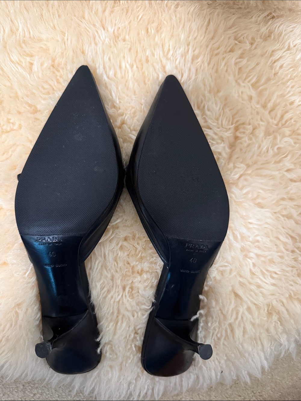 Vintage Prada Black Leather Pointed Mules with Metal Logo Plaque - Picture 2 of 5